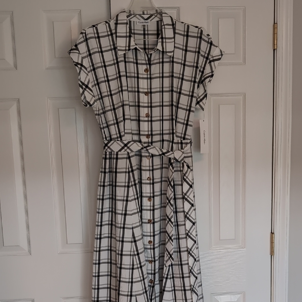 Calvin Klein Black and White Tie Front Peplum Midi Dress